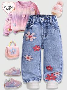 SHEIN ChillGRL Baby Girls' Denim Floral Embroidered Jeans,Pink And Blue,Summer,Cute Modest,Holiday,Wide-Leg Straight Pants,Mid-Waist Vintage Washed Denim Blue,School - Medium Wash - View 4
