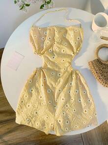 Comfortcana Summer Casual Yellow Plaid & Daisy Print Backless Jumpsuit For Women - Yellow - View 4