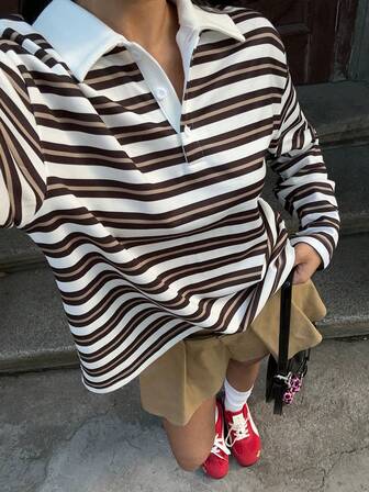 MainGRL Çizgili Örgü Baskılı Kadın Günlük Çok Yönlü Uzun Kollu Polo Tişört, Sonbahar Kış Kadınlar İçin