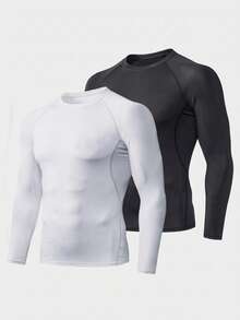 SUMWON Men's Long Sleeve Athletic Crew Neck T-Shirt Compression Base Layer Performance Top Muscle Fit Workout Training Shirt - Black and White - View 4