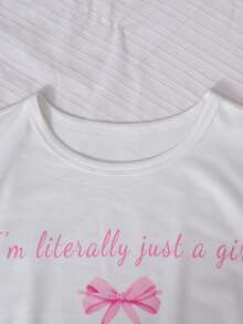 两件套女童亮粉色字母印花短袖上衣搭配牛仔布蝴蝶结裤，休闲街头风穿搭，春夏女童服装，夏季度假装 - 粉色 - 查看 7