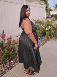 Truni Lacenleopard Plus Size Autumn/Winter Brown Corduroy Embroidery Slip Dress Maxi Gown Dress Midimid Length Dressblack Midi Dress, For Pear Triangle Body Shape - Black - View 4