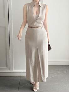 DAZY Women's Summer Deep V-Neck Sleeveless Vest And Straight Long Skirt Casual 2 Pieces Set - Apricot - View 6