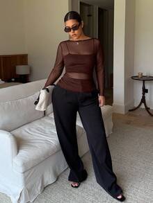 Dripcurv 大码女式船领长袖波点透视修身衬衫 - 棕色 - 查看 3