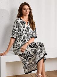Miaspire Vacation Casual Plant Print Notched Neck Mid-Length Dress