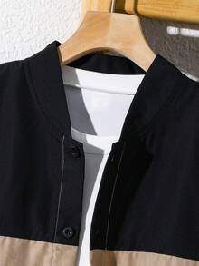 SHEIN 2件套青少年男童休闲日常百搭舒适字母印花拼接撞色翻领短袖宽松衬衫和纯色直筒裤套装 - 彩色 - 查看 6