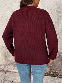 EMERY ROSE Plus Size Women Casual V-Neck Loose Button-Front Cardigan, Solid Color, Suitable For Daily Commute, Autumn/Winter - Burgundy - View 2