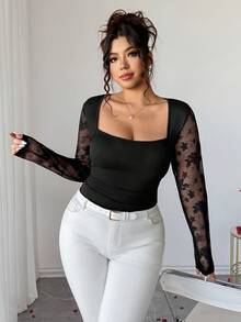 Elenzga 情人节女士优雅U领针织撞色蕾丝荷叶边腰长袖T恤，适合日常通勤，春秋季 - 黑色 - 查看 3