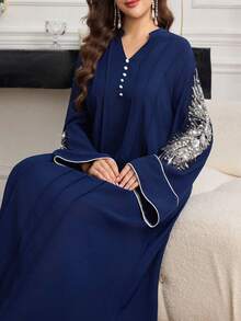 SHEIN Najma Elegant Party Sequin & Beaded Decor Notched Neck Dress - Blue - View 4