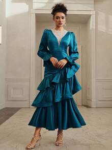 Anewsta New Elegant Vintage Contrast Lace Fishtail Hem Maxi Dress - Royal Blue - View 5