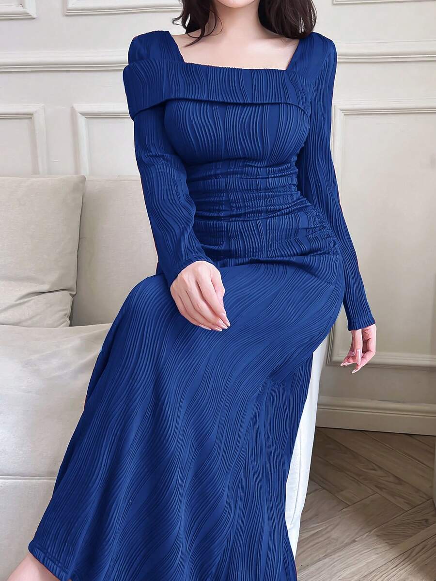 Modelyn 女士纯色方领长袖纹理修身优雅阿拉伯风格连衣裙长款晚礼服 - 寶藍色 - 查看 1