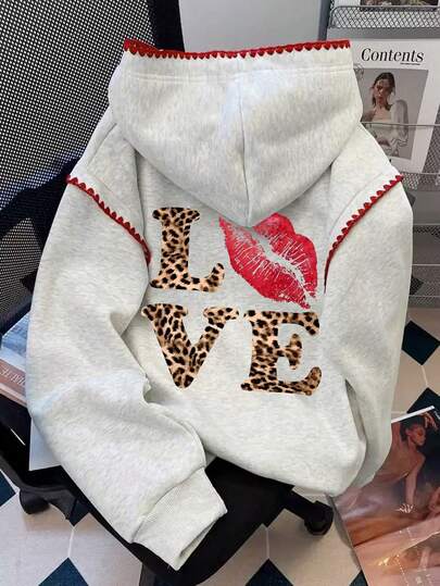Resyla 女士卫衣 / 豹纹字母嘴唇印花 / 情人节卫衣 / 休闲简约时尚卫衣 / 时尚上衣 / 情人节礼物 / 复古冬季卫衣 / 秋冬宽松圆领长袖卫衣 / 女士春季套头衫，时尚卫衣，女士蕾丝撞色卫衣，长袖上衣，秋冬卫衣