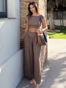 Maca Silvats Set de 2 bucăți pentru femei, vară, casual, culoare solidă, top scurt și pantaloni lungi - cafea maro - Vizualizare 1