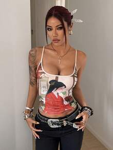 StreetHx 女士肖像印花吊带衫 - 杏色 - 查看 3