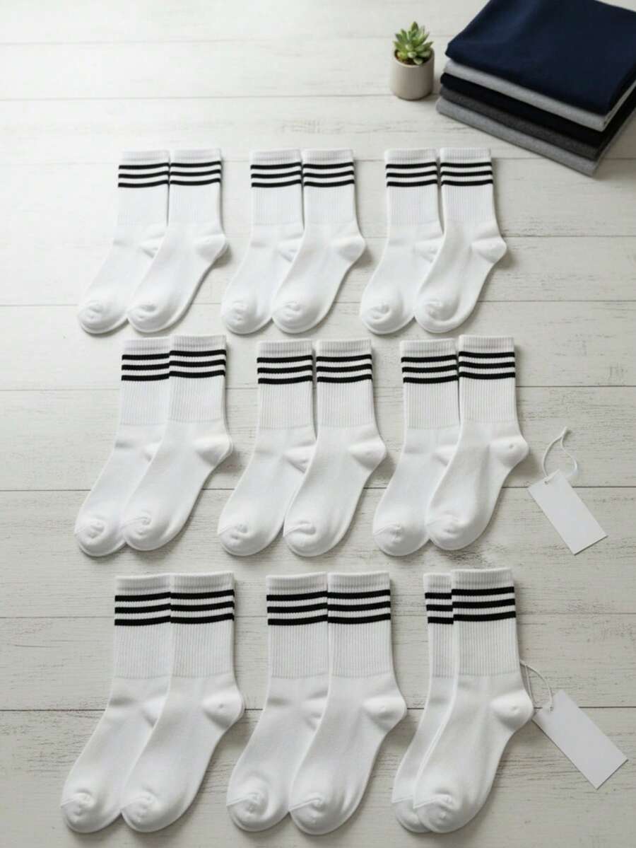 Calcetines de caña media estilo deportivo, diseño con rayas, elásticos, transpirables y cómodos, para primavera y otoño, uso diario y deportivo - Blanco y Negro - Ver 1
