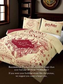 HARRY POTTER X SHEIN 3 Pc The Marauder's Map Print Three Pieces Duvet Cover Set, Made Of Brushed Fabric, Soft And Warm, Red Duvet Cover, Available In Multiple Sizes, Suitable For Single Beds/Double Beds/King Beds/Extra King Beds, Back To School - Off-white - View 5