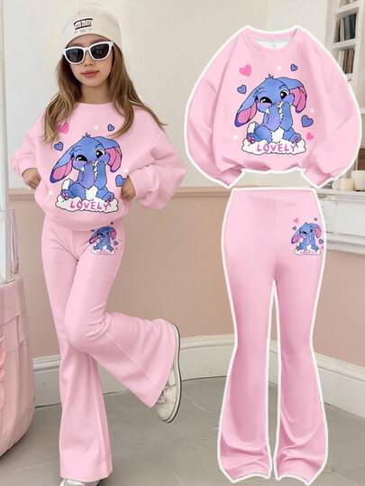 SHEIN Leap Crew Back-To-School Tween Girl Pink Cute Cartoon Blue Rabbit Stitch Knit Crew Neck Sweatshirt&Flare Pants 2 Pieces Set, Autumn School Tween Girl Graphic Clothes