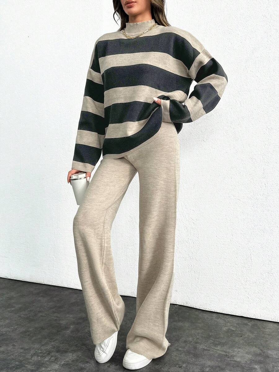 SHEIN Tall Striped Pattern Drop Shoulder Sweater & Knit Pants - White - View 1