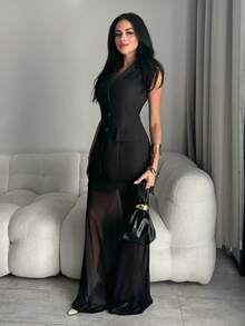 Feyla Spring To Summer Winter Valentine's Day Vacation  Gras Wedding  Carnival Costume Beach Outfit For Women  Elegant Dresses For Party Wedding Guest Dress For Women Summer Outfits Spring Clothing Valentine Outfits For Women Black Tulle Suit And Skirt Suit Sheer Dress Women 2 Piece Skirt Sets Woman Suit Dress Black Skirt Set - Black - View 5