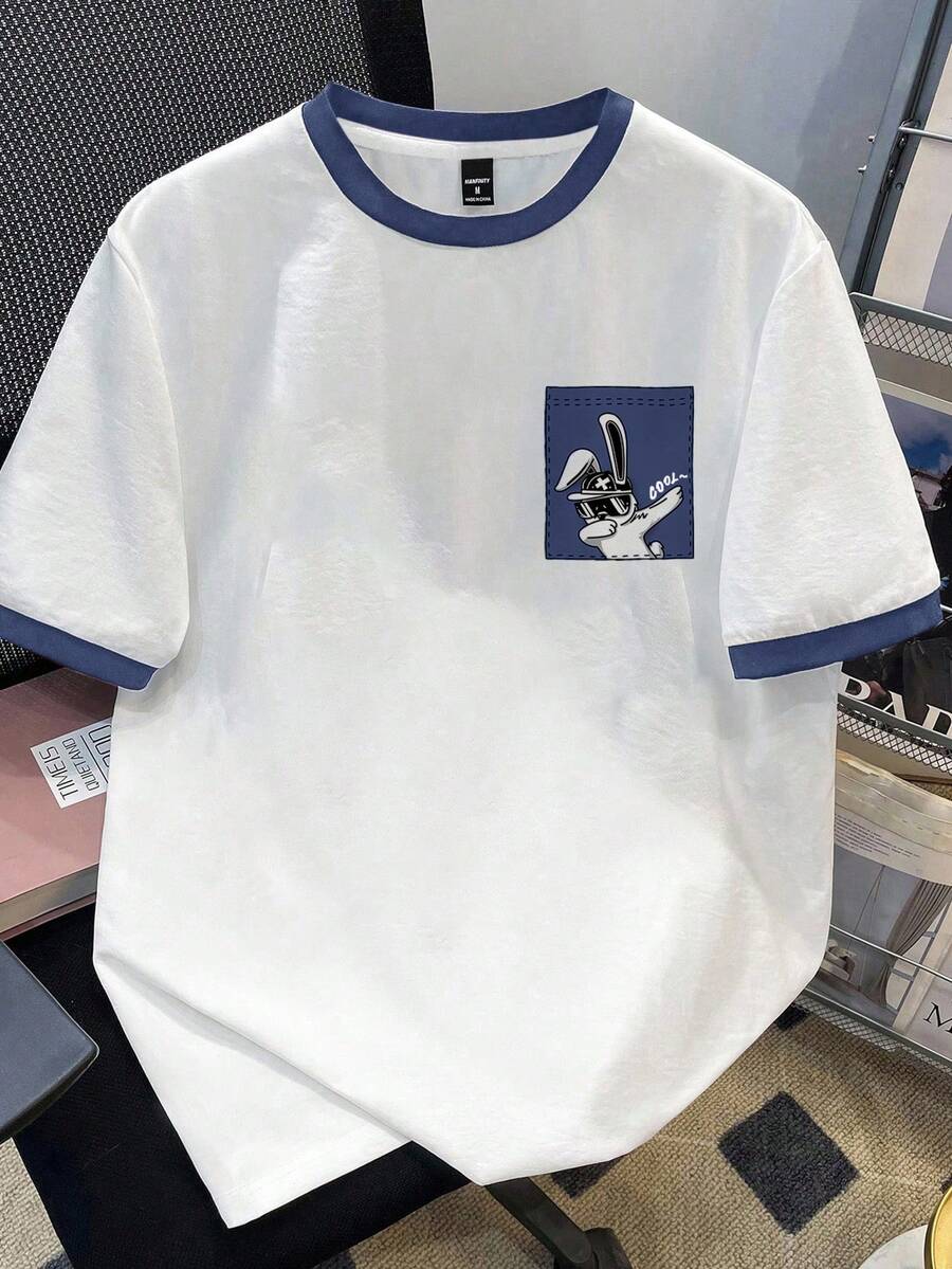 Manfinity Joysei Standard Size Men's Navy Blue & White Cartoon Print Short Sleeve T-Shirt