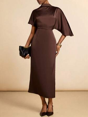 SHEIN Veneréa Women's Asymmetrical High Neck Satin Dress, Black