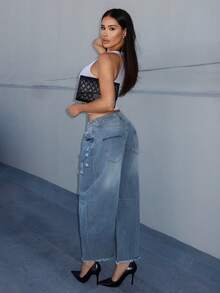 Shopreo Casual Distressed Flare Leg Jeans - Light Wash - View 4