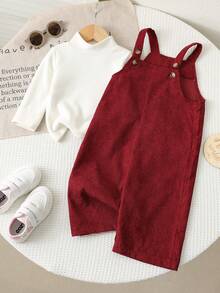 Baby Girl Cute Corduroy Textured All-In-One Jumpsuit, Versatile For Spring, Autumn & Winter, Suitable For New Year, Valentine's Day, Wedding, Party Baby Fall Clothes Girls Toddler Girls Cute Vintage Style Toddler Girl Clothes Overalls Baby Girl Overalls Outfits - Burgundy - View 5