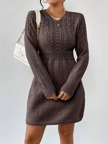 SHEIN LUNE Vestido de punto de cuello redondo de unicolor casual, otoño/invierno - Café integral - Ver 4