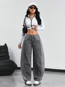 SHEIN Tall Quần jeans ống loe họa tiết da báo chắp vá thời trang đa năng cho nữ - Nhiều màu - Xem 4