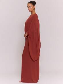 MUSERA 船领垂袖长款连衣裙，适合度假、夏季、慵懒波西米亚风、优雅假日、可爱度假、伊比沙岛音乐节、锐舞派对、婚礼宾客、优雅生日派对、毕业舞会等场合。 - 紅木色 - 查看 3