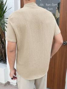 HIMLAND Men's Woven Casual Solid Color Short Sleeve Shirt Beige Men Shirt Men Cream Shirt Nude Shirt For Men Men Shirts Linen Tan Men Shirt - Apricot - View 2