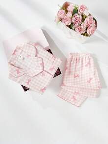 2件套少女杏色蝴蝶印花长袖开衫和裤子休闲舒适家居服 - 彩色 - 查看 3