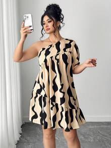 SHEIN Elenzya 大码极简多层娃娃裙，几何印花不对称灯笼袖及膝连衣裙 - 黑色 - 查看 3