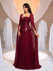 Aureia Sang trọng, quyến rũ, lãng mạn và thời trang, chiếc đầm chiffon thêu sequin màu đỏ tía này có cổ vuông, tay áo bồng bềnh, thiết kế 2 trong 1 và chân váy xếp ly rộng. Phù hợp cho mọi dịp trang trọng, bao gồm đám cưới, tiệc sinh nhật và những buổi dạ hội lộng lẫy. Đầm dạ hội trang trọng - Màu Đỏ Sâu - Xem 7