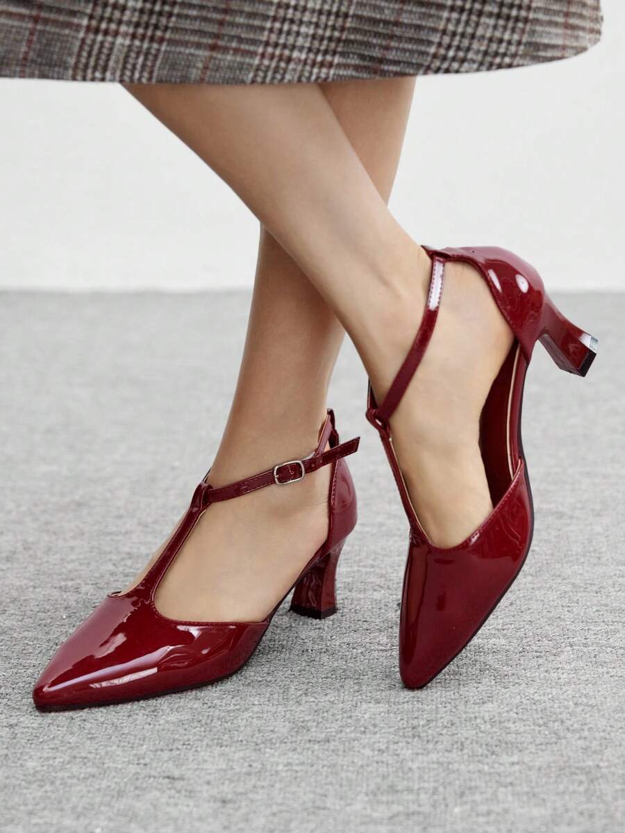 CUCCOO BIZCHIC Women's Pointed Toe Buckle Design Everyday Versatile Fashion High Heel Sandals For Christmas - Burgundy - View 1
