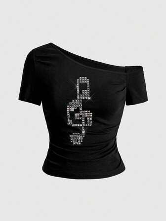Grunge Punk Y2K Kpop Sexy Babe Music Note Rivet Asymmetric Shoulder Fitted Solid Color Versatile T-Shirt