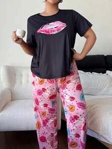 Dream Adore Plus Size Lip Print Short Sleeve Casual Pajama Set Cute Lounge Wear - Pink - View 4