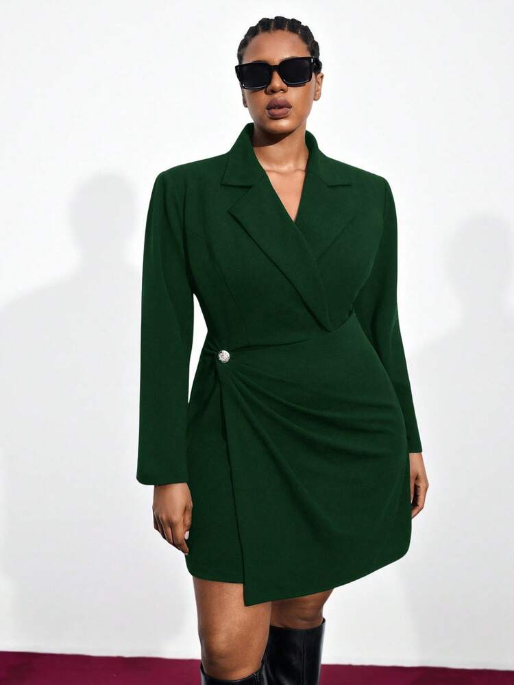 SHEIN Maija Traje de vestido de oficina con cuello en V y pliegues en la cintura, vestido casual elegante de negocios para mujeres, adecuado para Navidad, Año Nuevo y reuniones