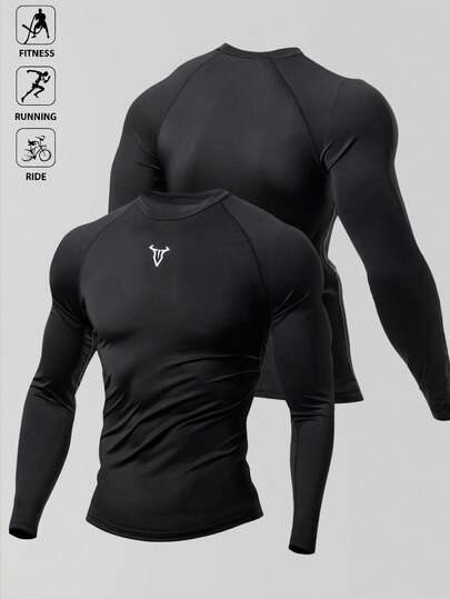 Manfinity Sport Polished 男友风男士纯色简约圆领长袖运动T恤健身上衣健身上衣秋季压缩衬衫透气修身衬衫秋季圆领