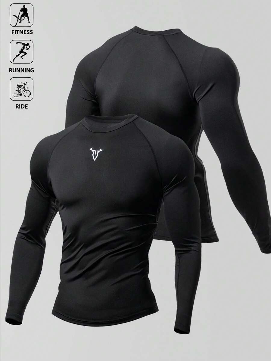 Gym Rark 男友风男士纯色简约圆领长袖运动T恤健身上衣健身上衣秋季压缩衬衫透气修身衬衫秋季圆领 - 黑色 - 查看 1