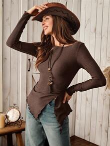 Wildy Áo thun dài tay ôm dáng, kiểu dáng vintage, vạt áo gợn sóng bất đối xứng, cơ bản cho mùa thu/đông. - Cà phê nâu - Xem 4