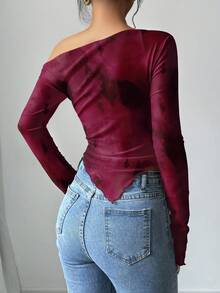 Firerie 优雅浪漫的酒红色扎染露肩长袖上衣 - 复古富贵风格秋冬女士派对服饰，完美适用于约会、情人节、夜店、婚礼和鸡尾酒会。 - 彩色 - 查看 3