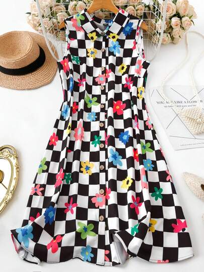 Linhara Women's Large-Sized, Simple, Sleeveless Summer Striped Single-Flower Floral Print Shirt-Style Dress