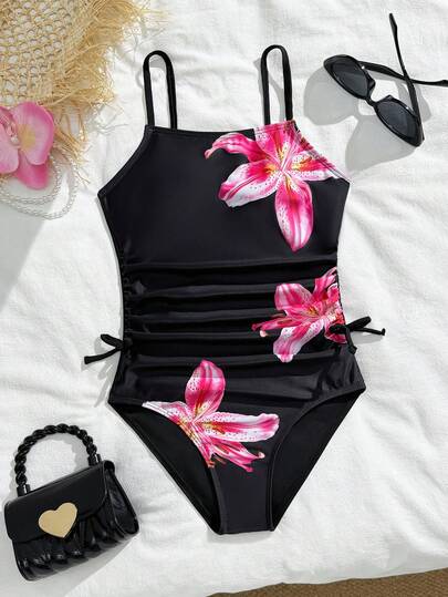SHEIN 少女风吊带背心式泳衣，花卉印花，可调节肩带，蝴蝶结设计，甜美优雅，适合度假、海滩、泳池、冲浪等场合。