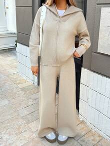 DAZY Set casual da donna composto da cardigan con chiusura lampo e spalle scoperte in colore unito e pantaloni a gamba ampia in maglia, adatto per l'autunno/inverno - Albicocca - Visualizzare 1