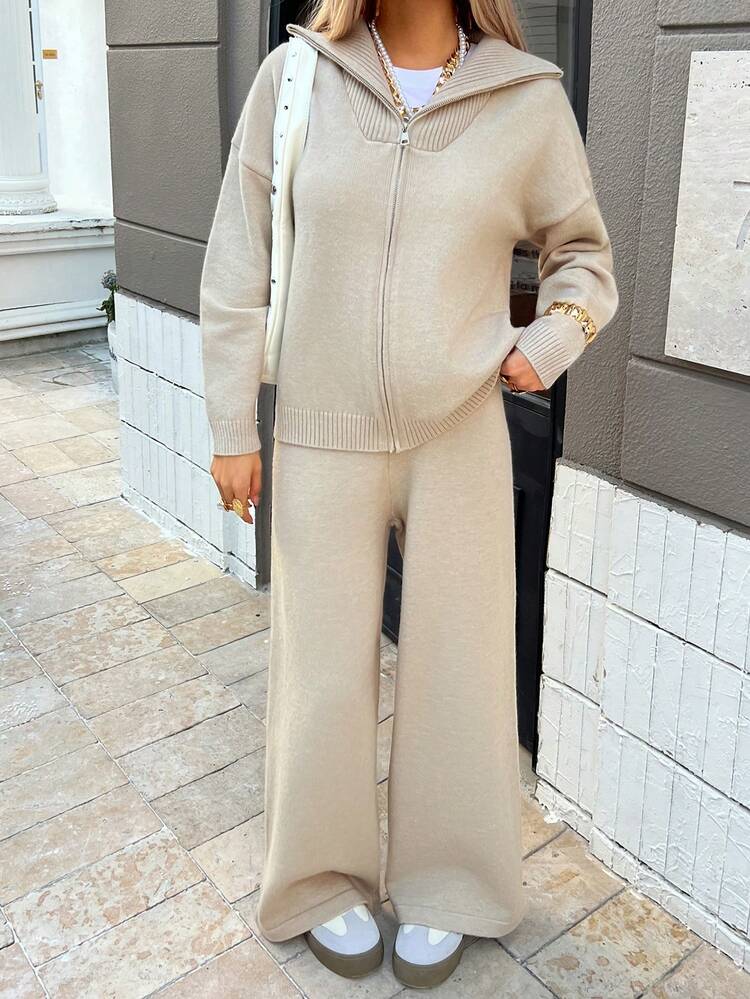Women's Casual Commuting Simple Solid Color Drop Shoulder Loose Zip-Up Cardigan And Wide Leg Knit Pants 2-Piece Set, Autumn/Winter