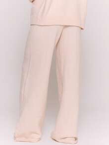 MUSERA 阔腿纽扣细节针织套装裤，冬季外出日常夜生活休闲酷炫街头风水洗时尚运动裤 - 奶油色 - 查看 2