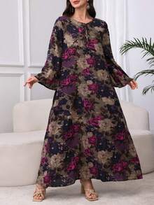 Al Najma Cotton Printed Tie Neck Midi Dress - Multicolor - View 5