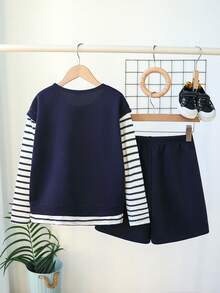 SHEIN Explorewe 2pcs/Set Tween Boys Striped Mock Layer Long Sleeve Top + Shorts,Navy Blue,Autumn,Casual,School,Back-To-School Minimalist Early Spring Travel Outfits - Navy Blue - View 2