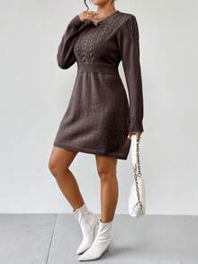 SHEIN LUNE Vestido de punto de cuello redondo de unicolor casual, otoño/invierno - Café integral - Ver 6